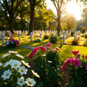 A peaceful cemetery in Huntsville with flowers and trees