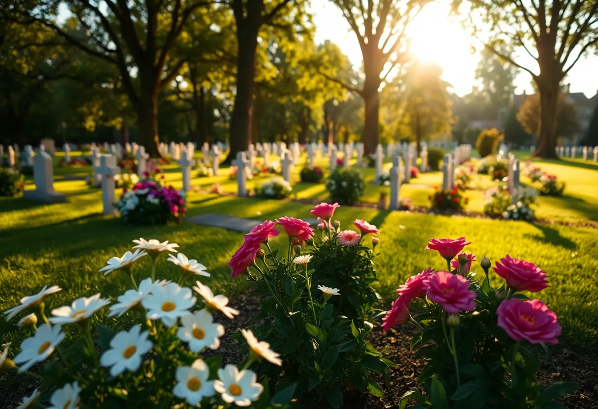 A peaceful cemetery in Huntsville with flowers and trees