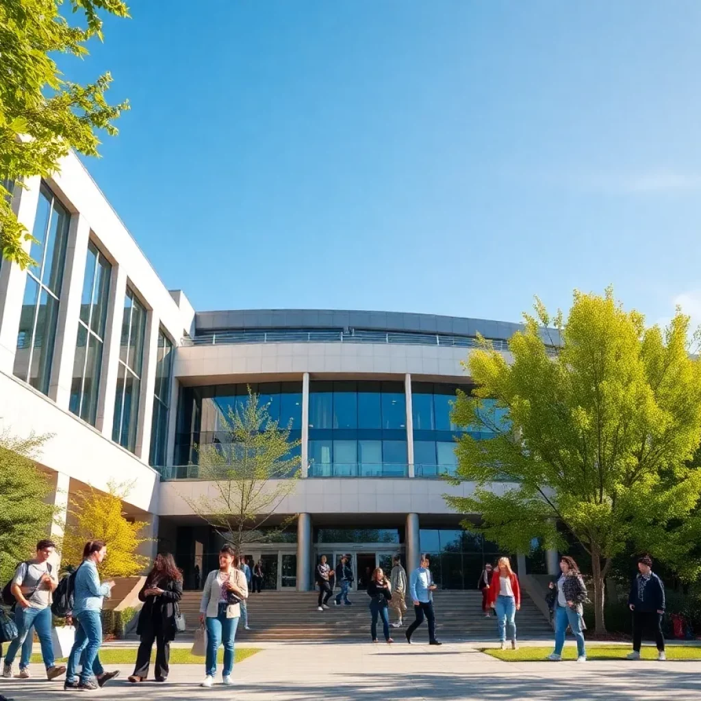 Modern university building with students collaborating