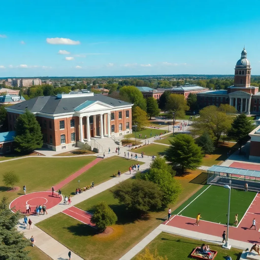 Aerial view of the University of Alabama campus with students outdoors.