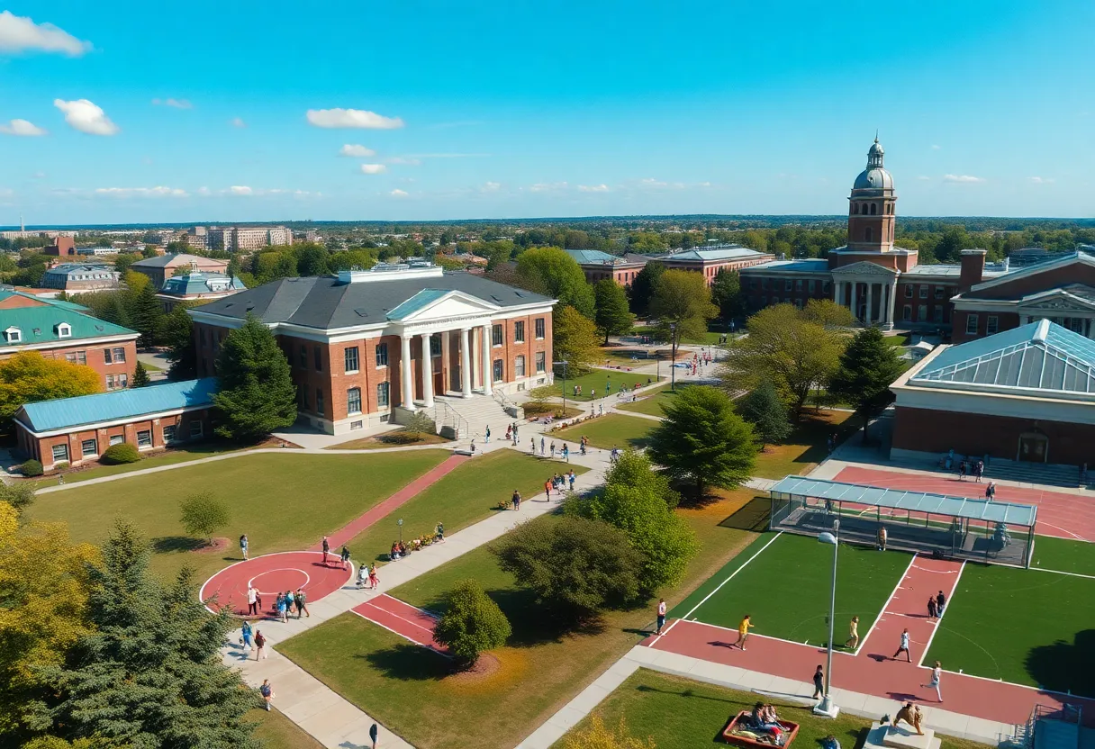 Aerial view of the University of Alabama campus with students outdoors.