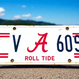 Vintage University of Alabama license plate with 'Vault A' logo