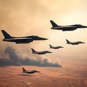 Military airstrike landscape showcasing jets and smoke over nuclear sites