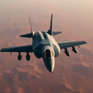 A military aircraft conducting operations over a desert landscape related to tension between the U.S. and Iran.