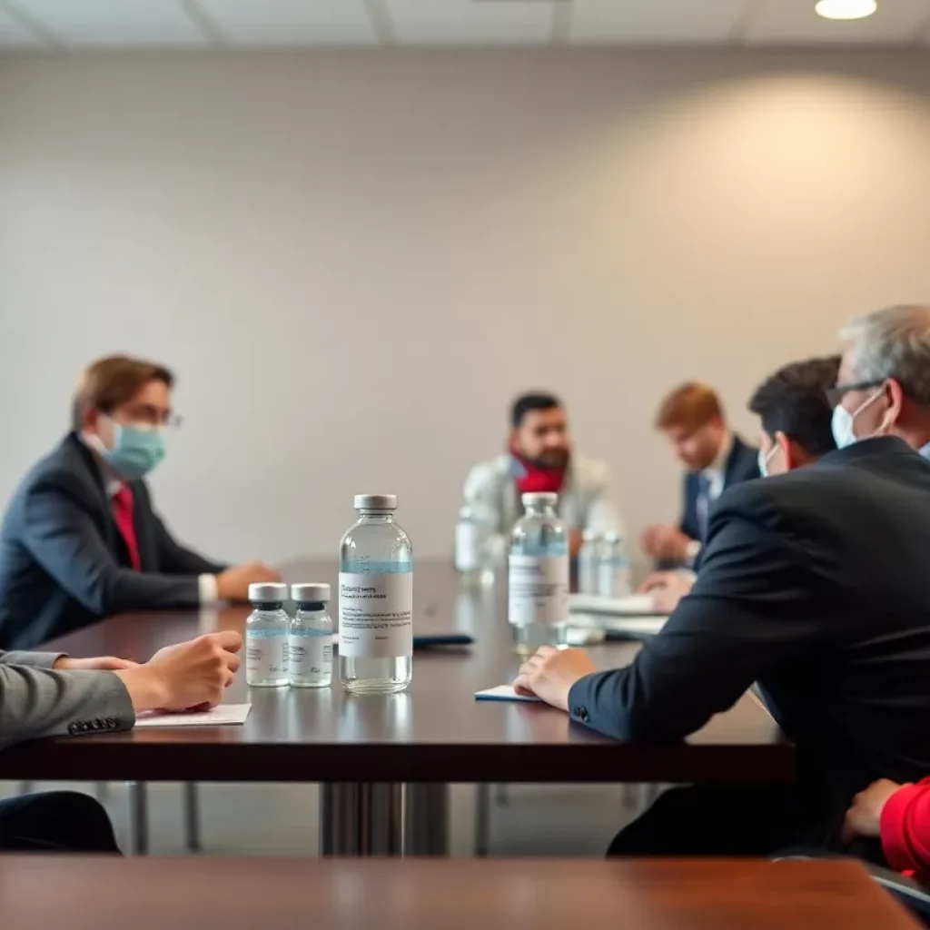 Diverse individuals in a meeting discussing vaccine policy.