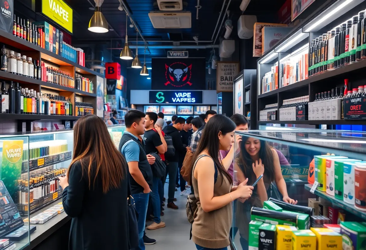 Vape shop with customers exploring different vape products
