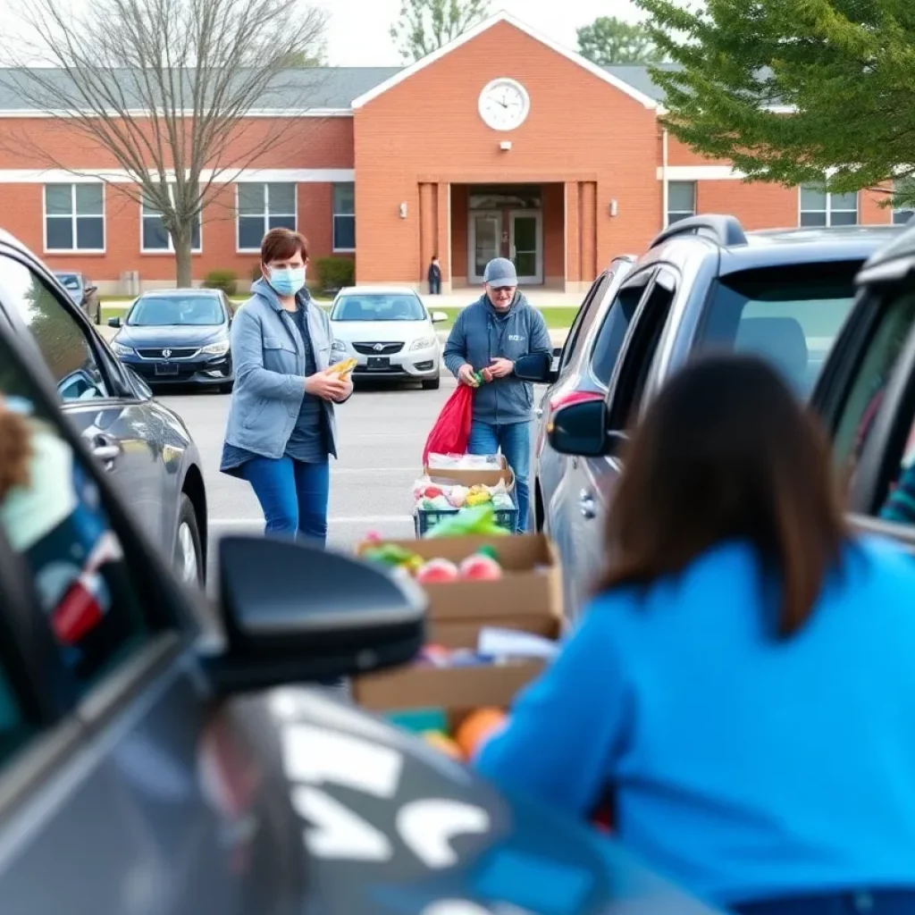 Drive-thru Mobile Pantry event in Athens, Alabama with volunteers assisting.
