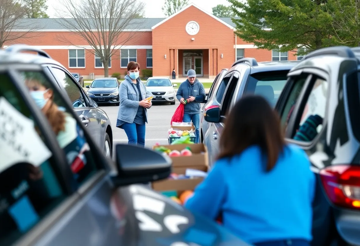 Drive-thru Mobile Pantry event in Athens, Alabama with volunteers assisting.