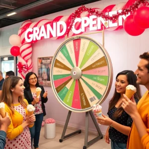Crowd enjoying the grand opening of Baskin-Robbins in Huntsville, with ice cream and decorations.