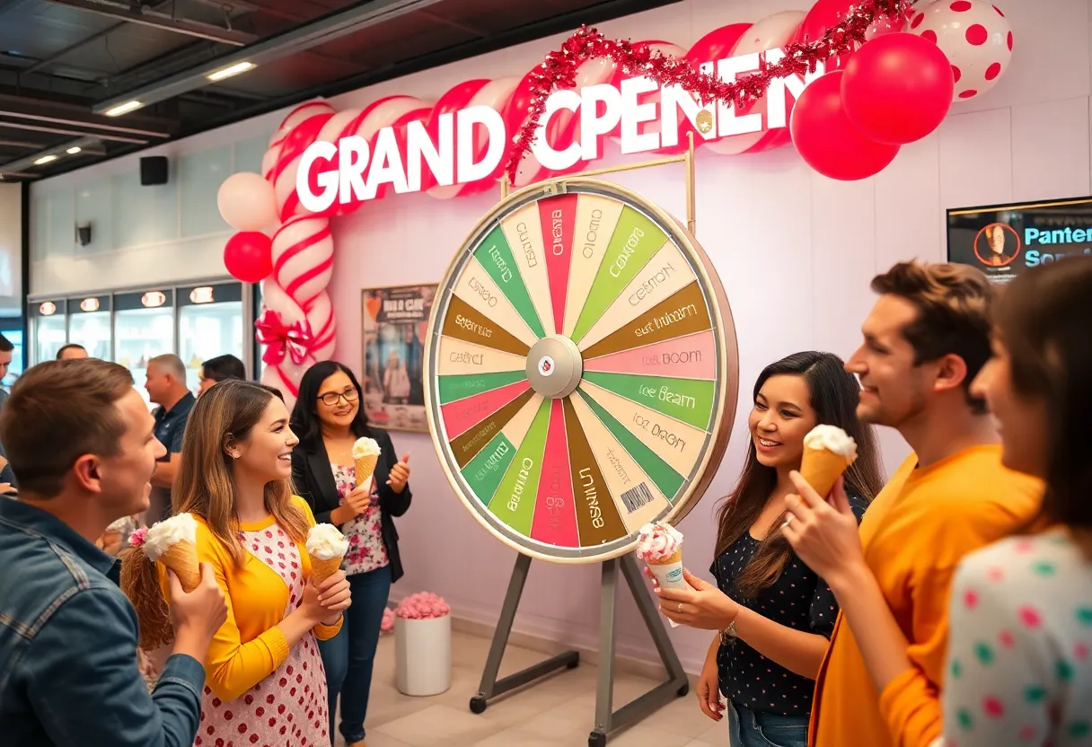 Crowd enjoying the grand opening of Baskin-Robbins in Huntsville, with ice cream and decorations.