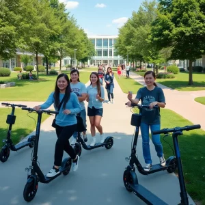 Students navigating an accessible campus environment with electric scooters and bikes.