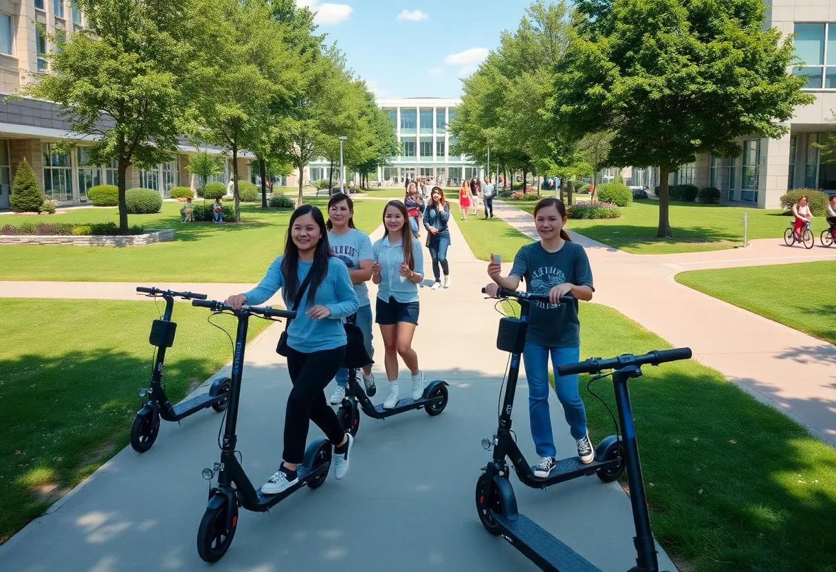 Students navigating an accessible campus environment with electric scooters and bikes.