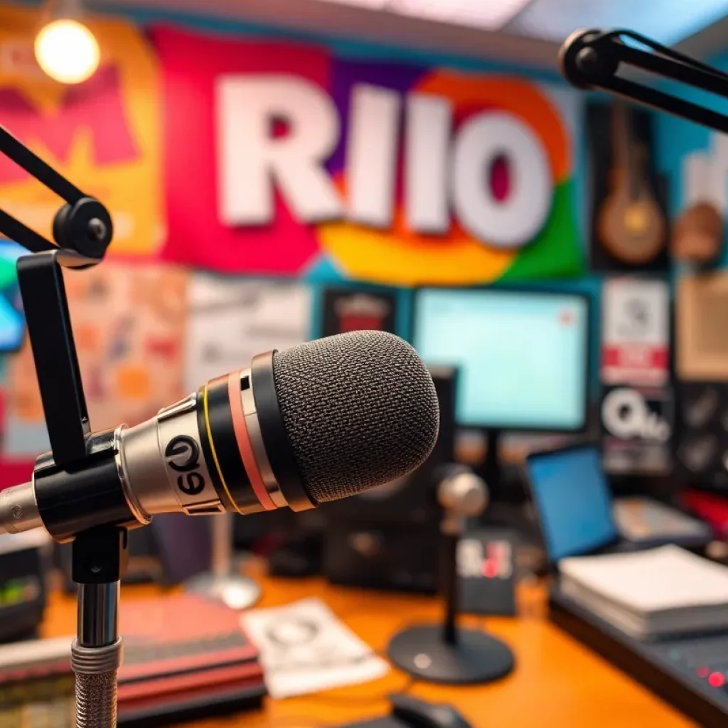 Interior of a radio station highlighting broadcasting equipment