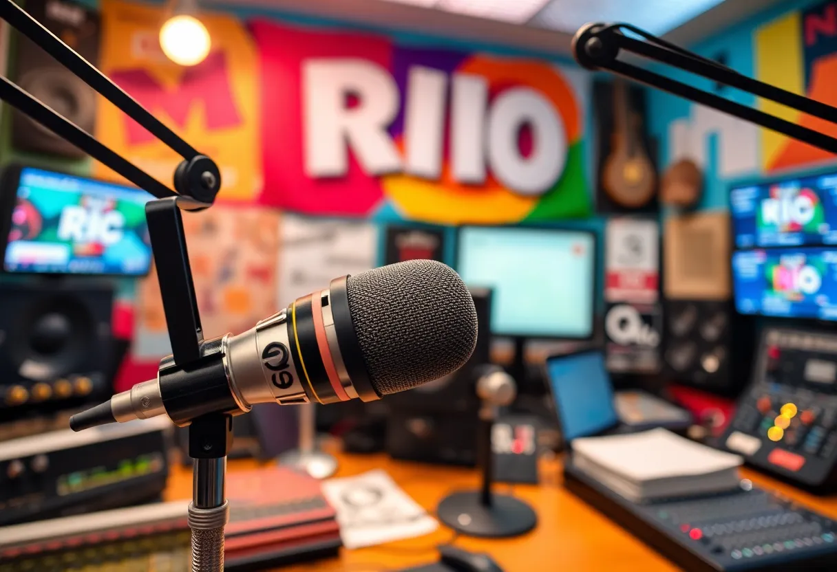 Interior of a radio station highlighting broadcasting equipment