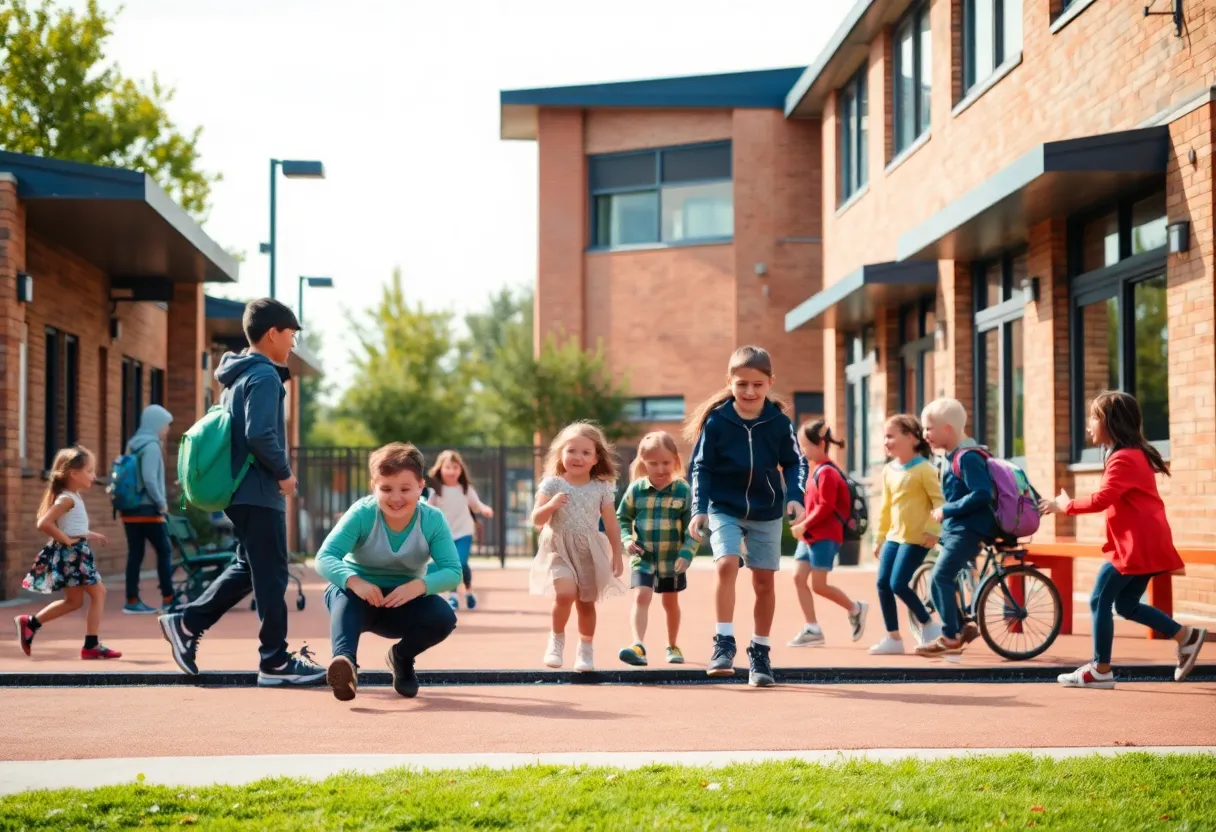 Children playing safely at Challenger Elementary School