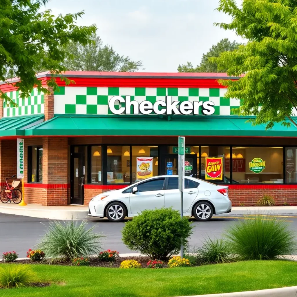 Exterior view of a Checkers restaurant with drive-thru and outdoor seating.
