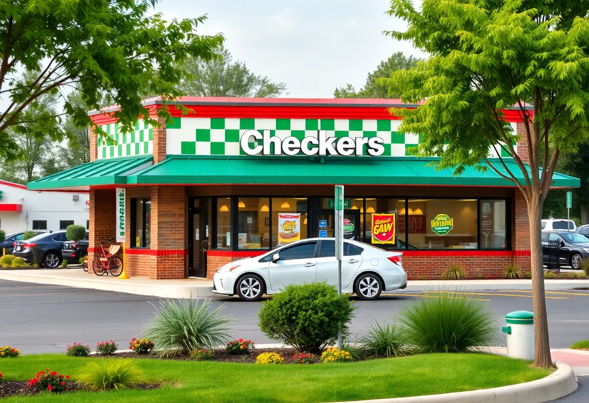 Exterior view of a Checkers restaurant with drive-thru and outdoor seating.