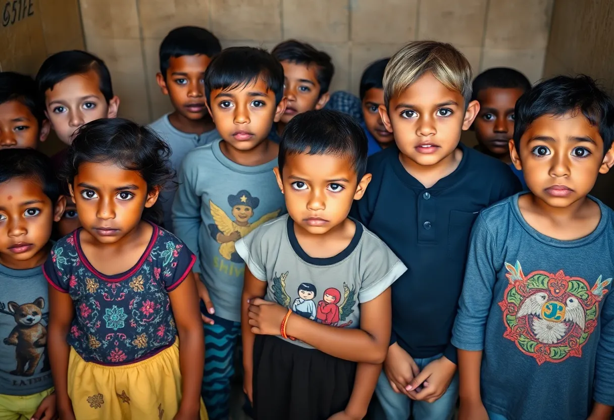 Children standing together in a safe environment after being rescued.