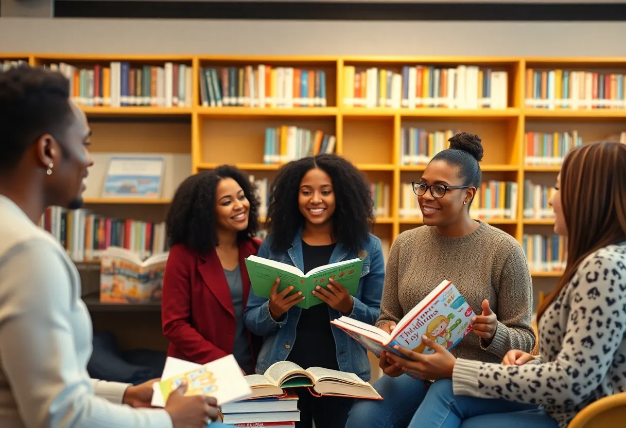 Community members engaged in a debate at a library about children's book censorship
