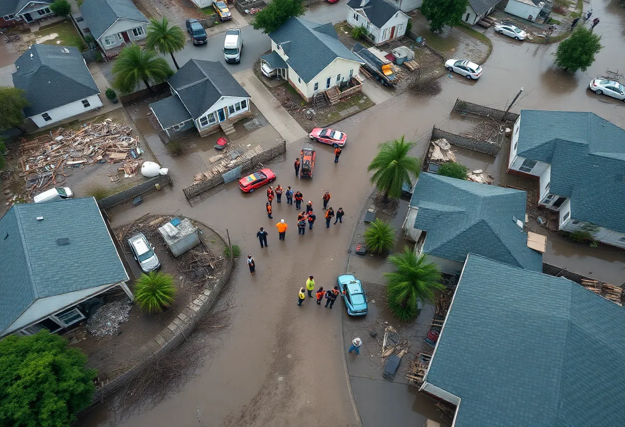 Rescue teams and volunteers working in a flood-affected area in Texas