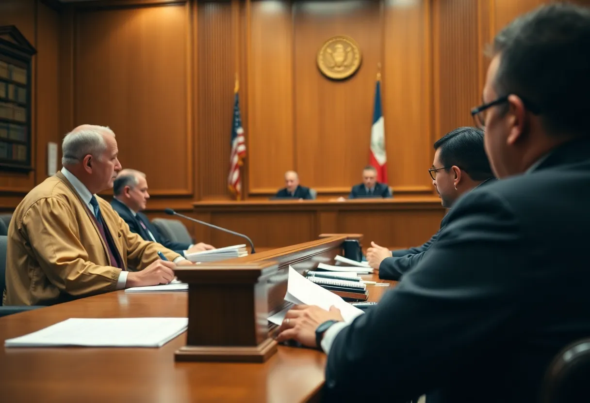 Judges deliberating a case in a courtroom