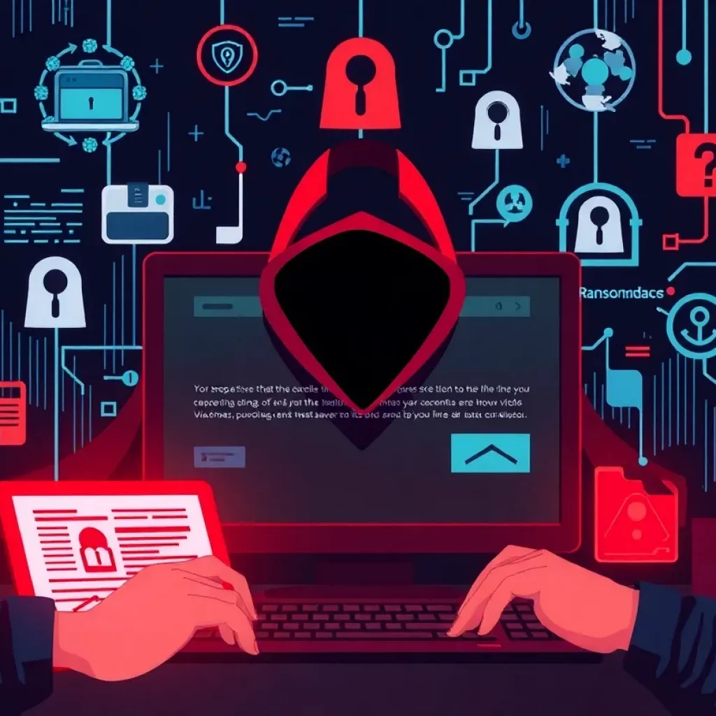 Digital representation of cybercrime threats affecting businesses and individuals.