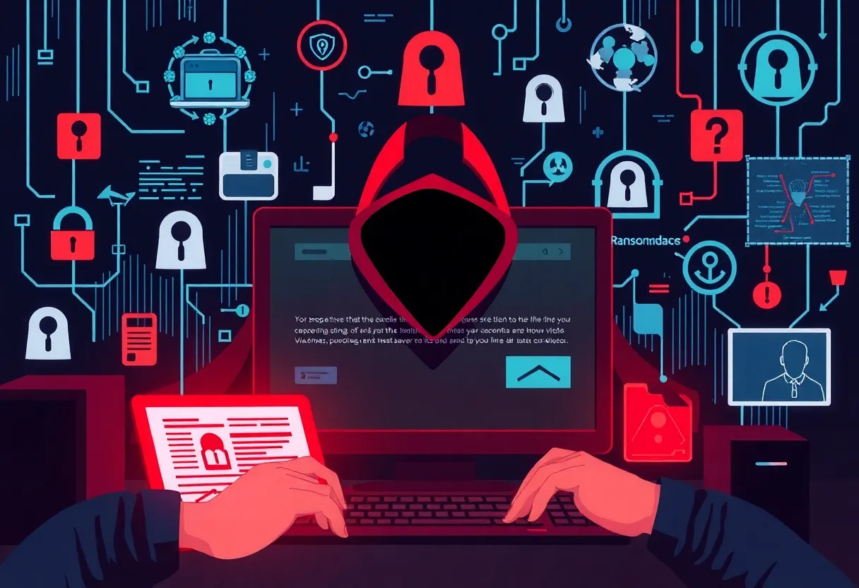 Digital representation of cybercrime threats affecting businesses and individuals.