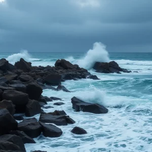 Coastal landscape affected by earthquake with crashing waves