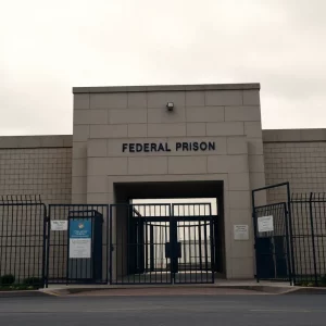 Entrance of a federal prison with a sense of solemnity