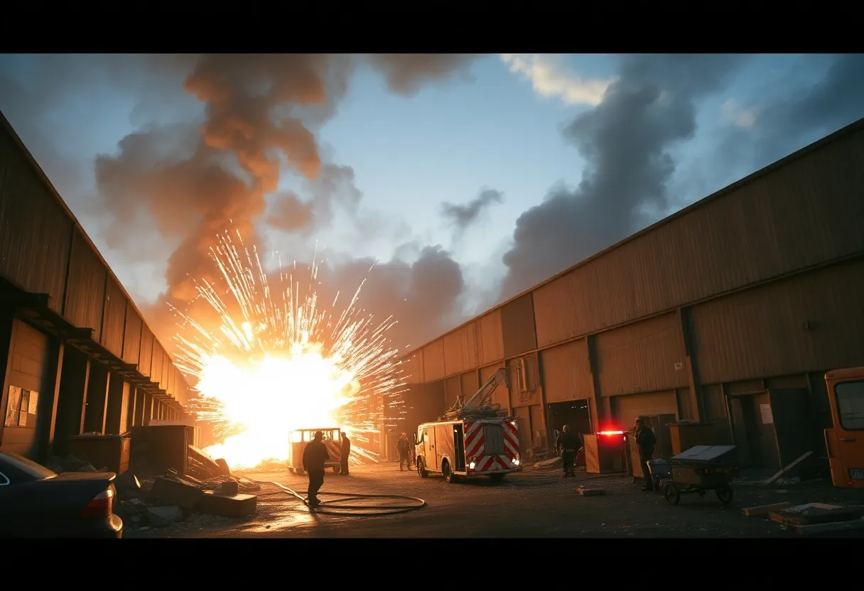 Emergency crews at the site of a fireworks warehouse explosion