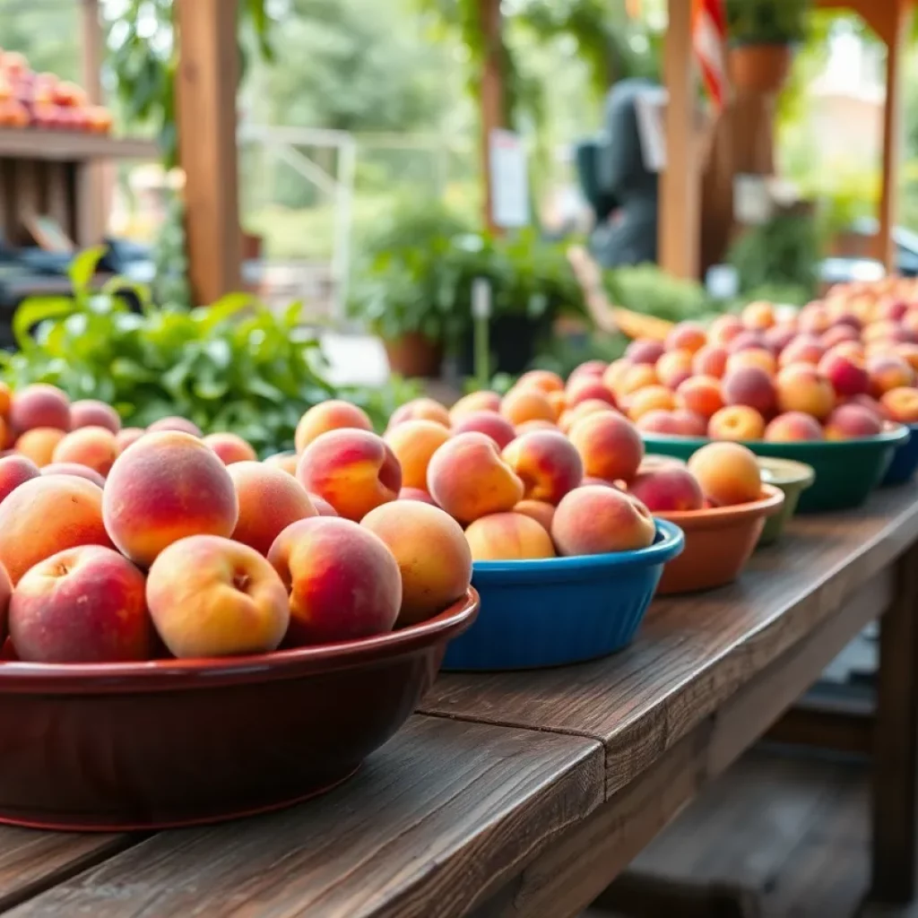 A variety of fresh peaches displayed in a summer market setting.
