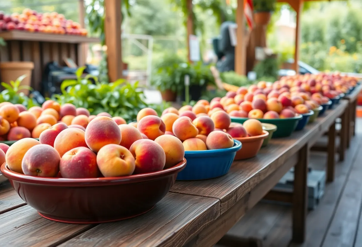 A variety of fresh peaches displayed in a summer market setting.