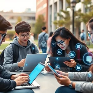 Students engaging with technology on a university campus, illustrating the integration of AI in higher education.