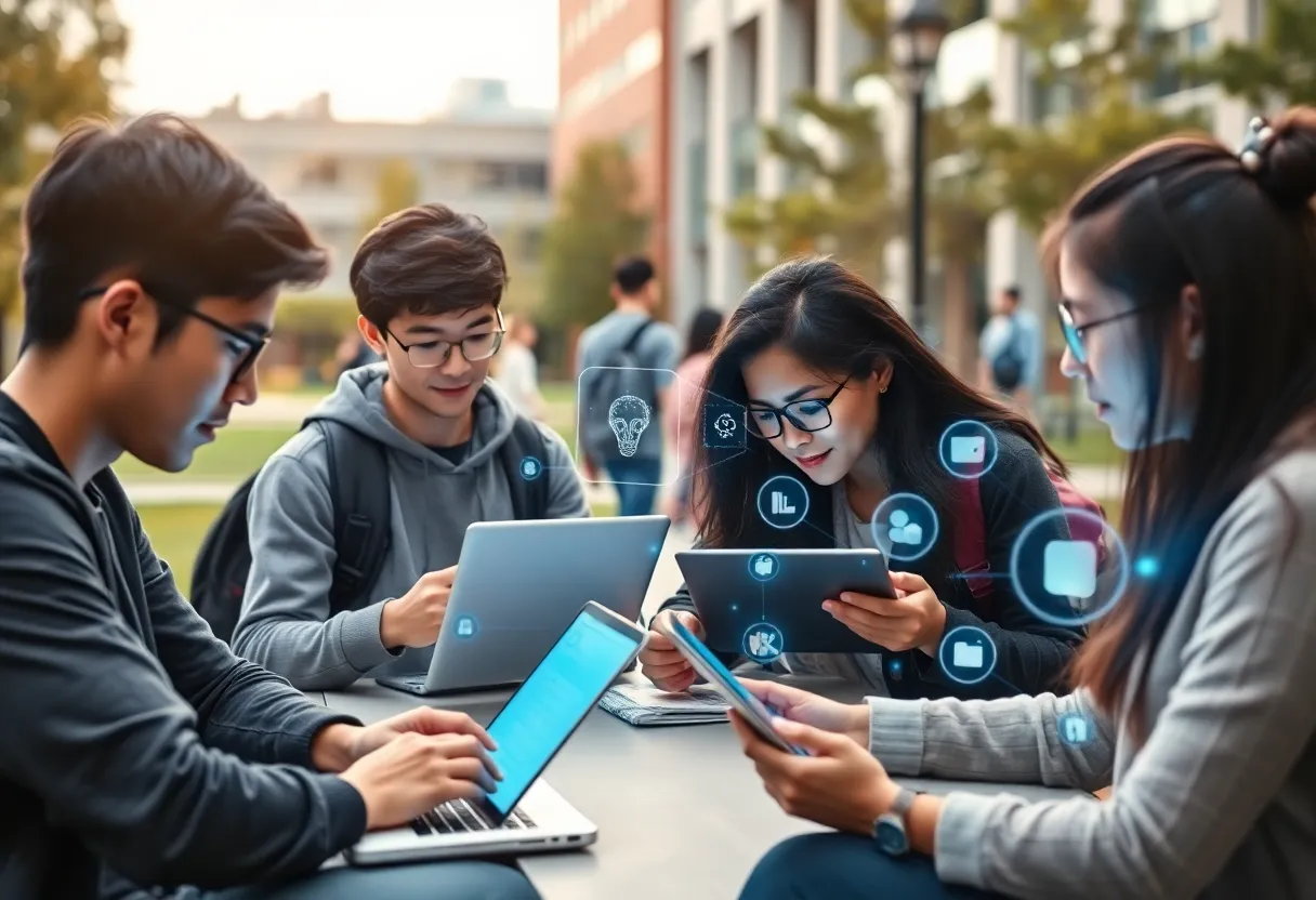 Students engaging with technology on a university campus, illustrating the integration of AI in higher education.