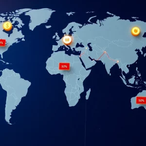 Map showing global trade routes and tariff impacts