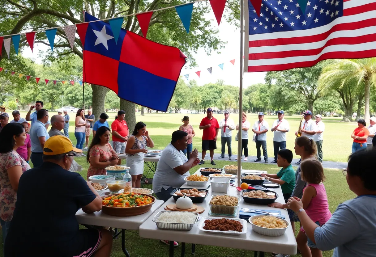 Community members celebrate Guam Liberation Day with cultural activities and flags.