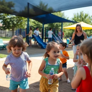 Children playing safely in a shaded playground during a heat advisory