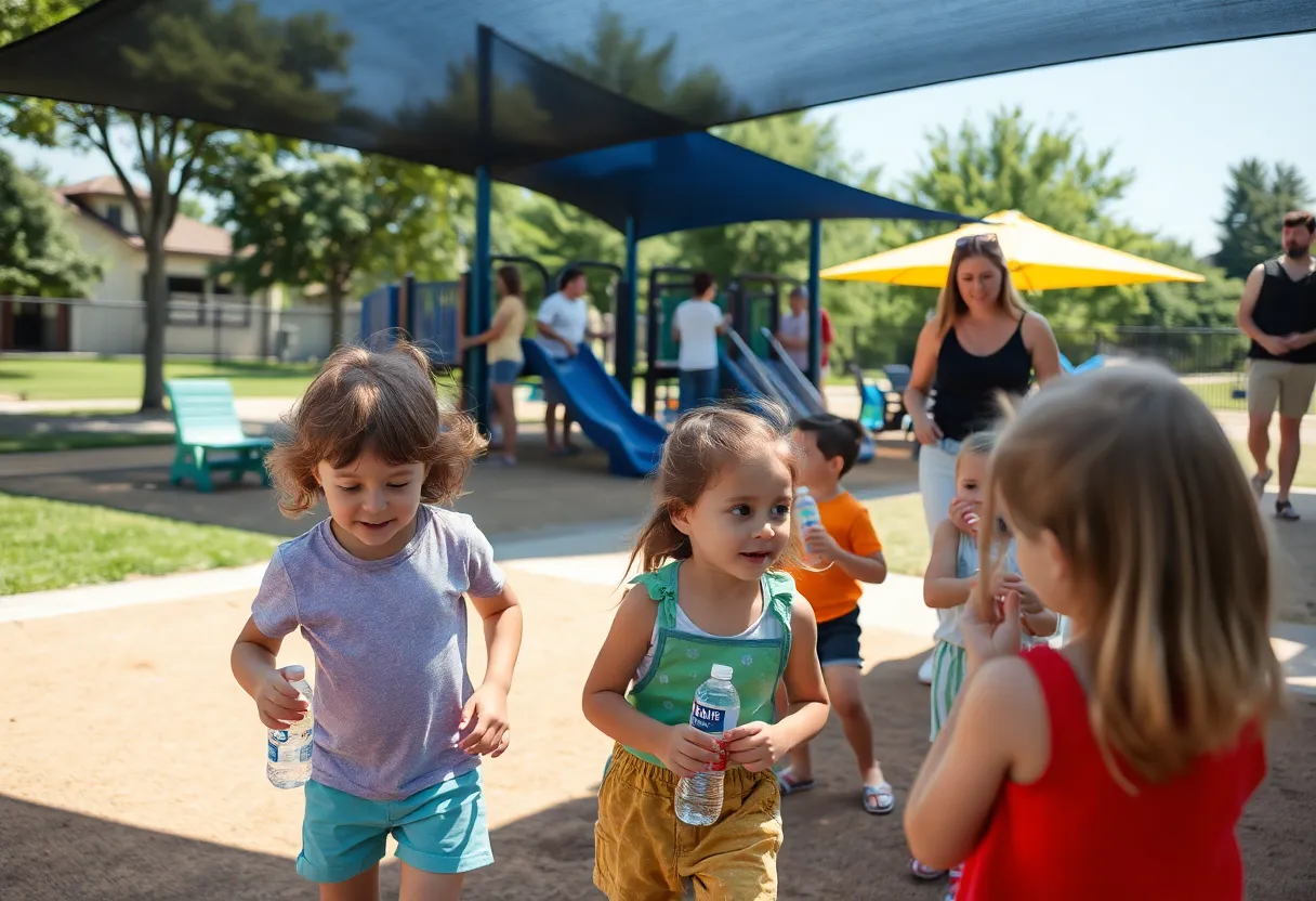 Children playing safely in a shaded playground during a heat advisory
