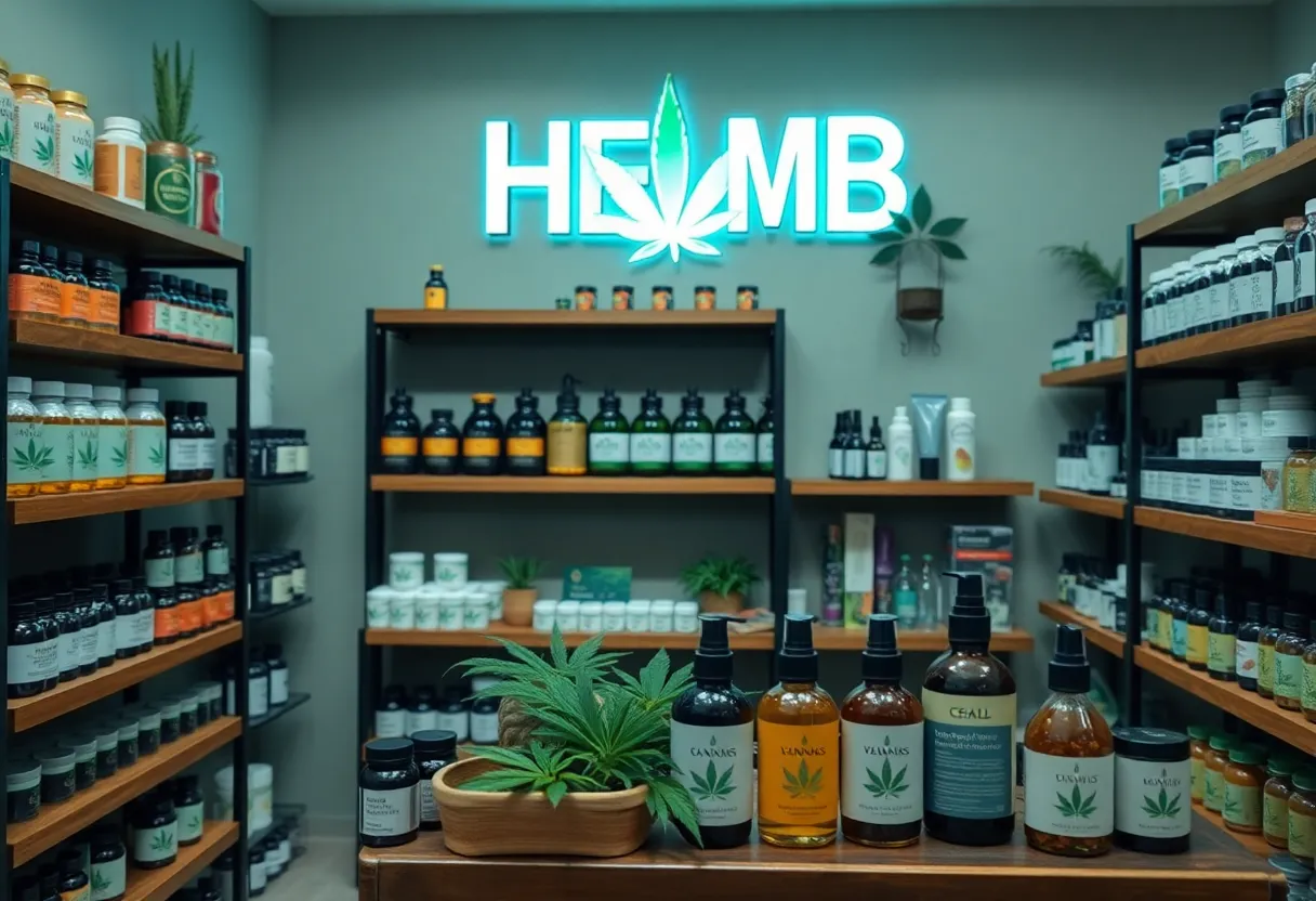 Interior of a hemp retail store featuring various wellness products in Huntsville, Alabama