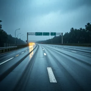 Deteriorating road conditions on a rainy highway