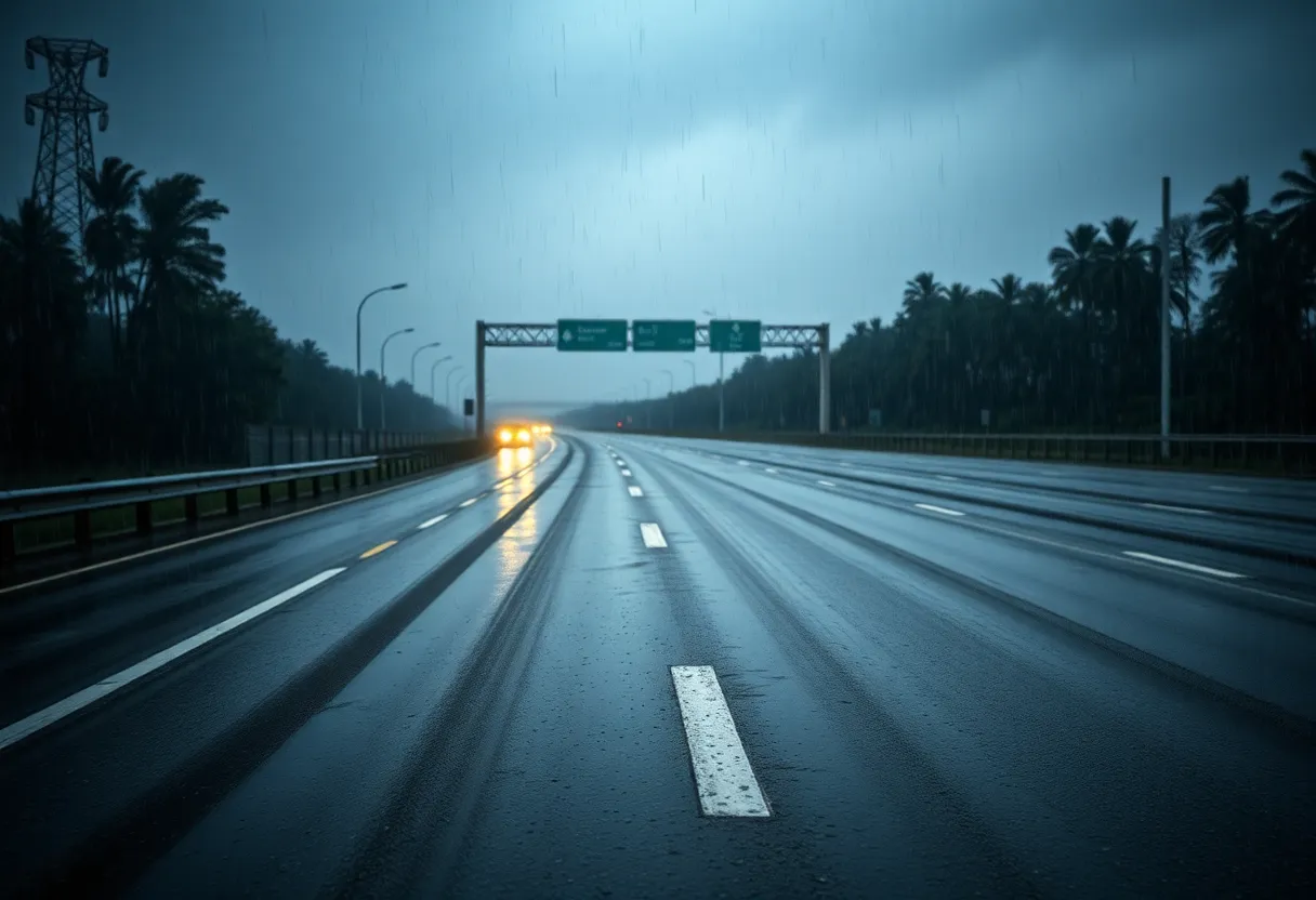 Deteriorating road conditions on a rainy highway