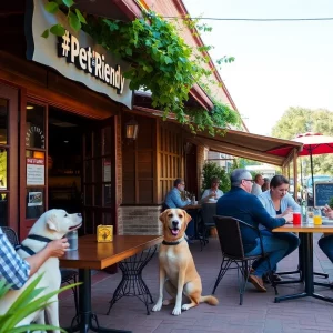 Outdoor dining area at Hound & Harvest with patrons and dogs