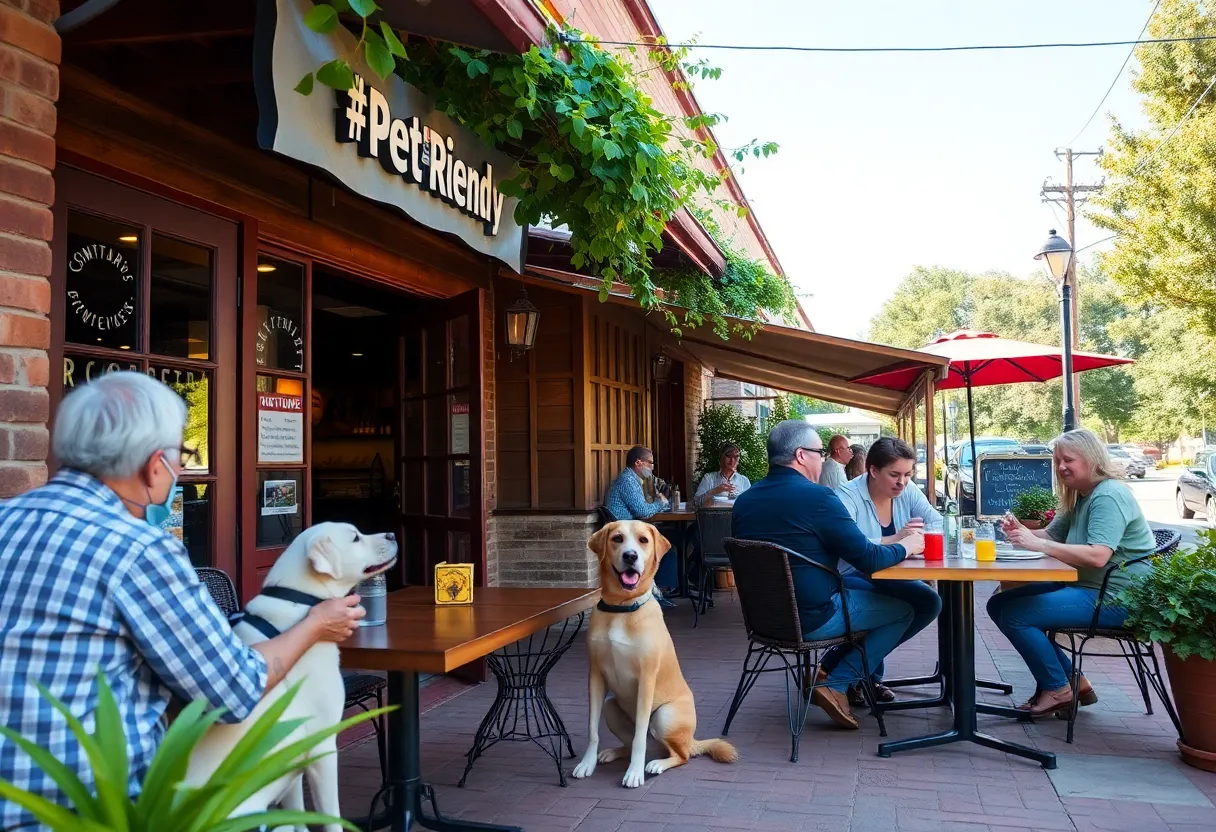 Outdoor dining area at Hound & Harvest with patrons and dogs