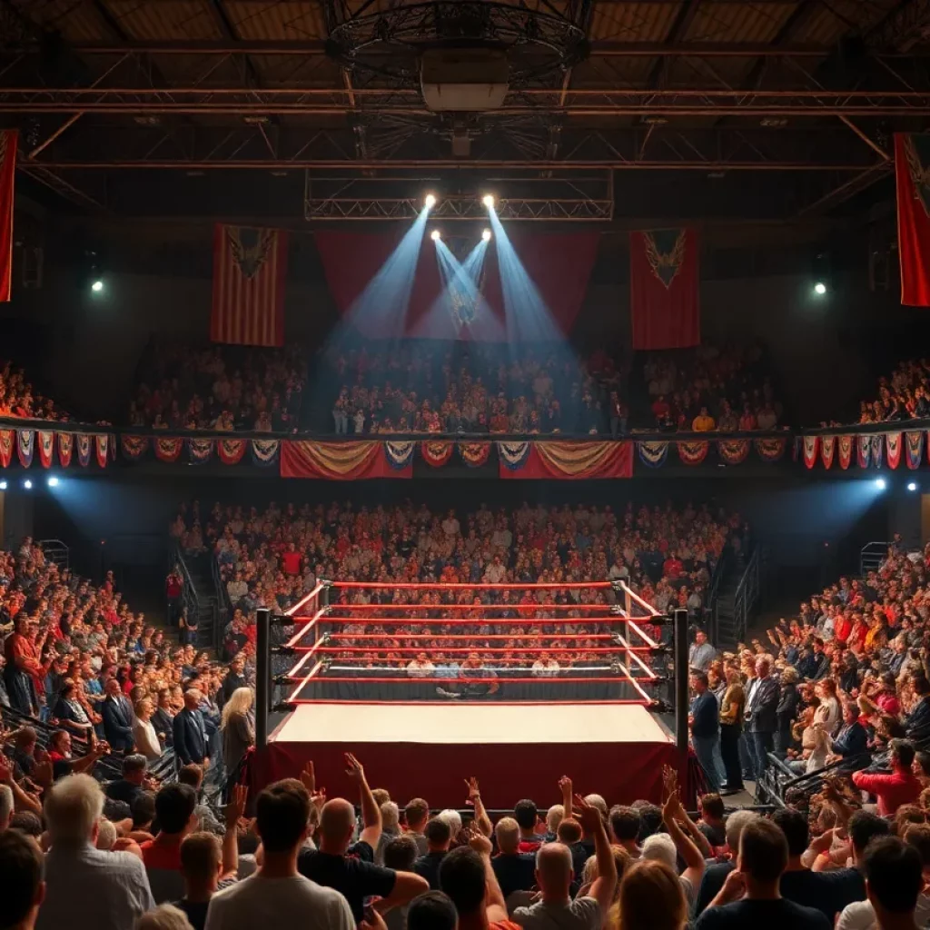 Arena filled with fans celebrating wrestling history
