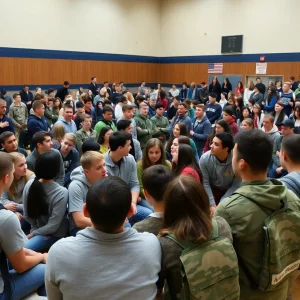 Students engaging with military academy representatives at Huntsville Academy Day.