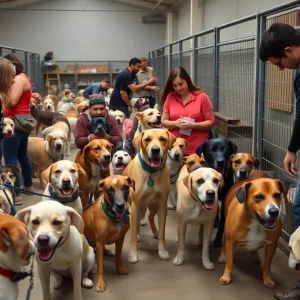 Dogs in a crowded animal shelter seeking adoption