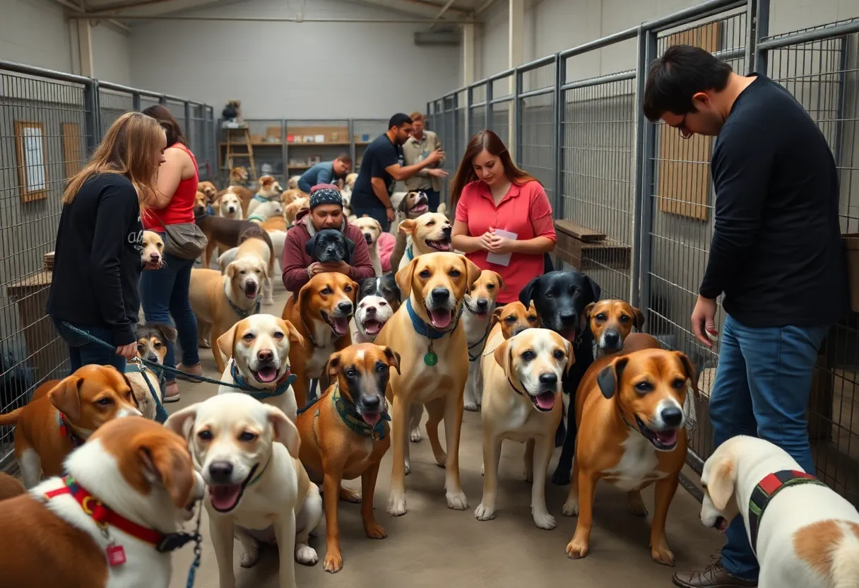 Dogs in a crowded animal shelter seeking adoption