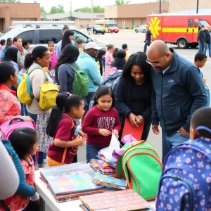 Families participating in Huntsville's Back to School Supply Giveaway with backpacks and school supplies.