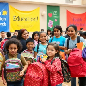 Families receiving backpacks at a giveaway event in Huntsville