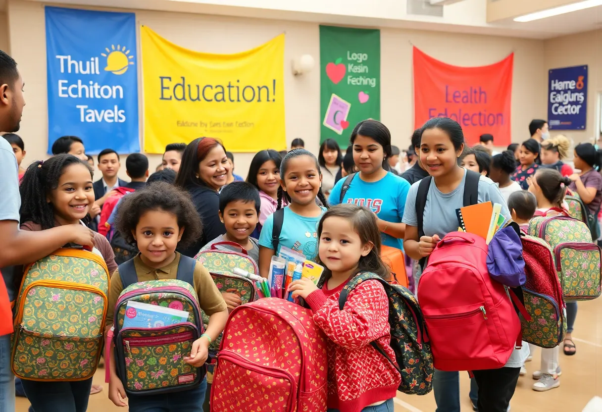 Families receiving backpacks at a giveaway event in Huntsville